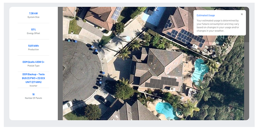 Participate Energy proposal showing 7.38kW system design on Mission Viejo roof with Tesla Powerwall 3